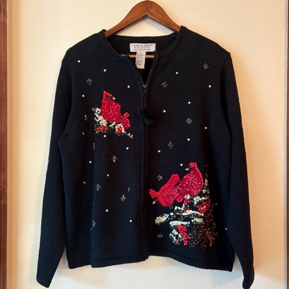 VTG Ugly Christmas Cardigan Sweater Sequined Cardinal Birds Beaded Sz XL Birder - Picture 6 of 12